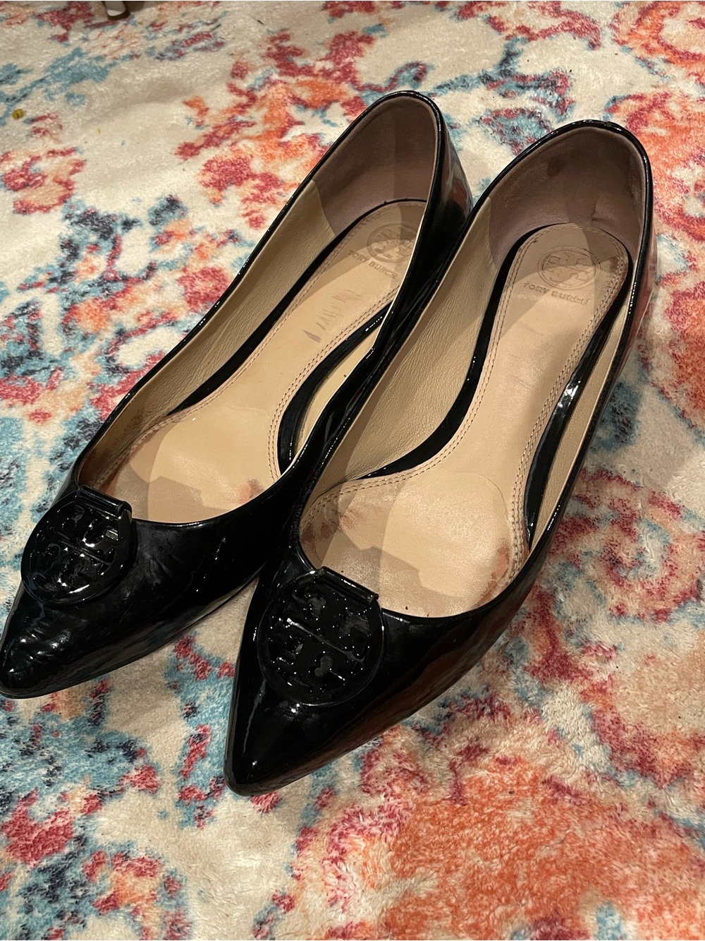 Tory Burch Black Patent Pointed Flats with Logo Emblem